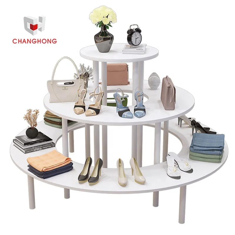 Pretty Garment Racks and Apparel Display Stand Round Clothing Hanging Display 3 Tier Gondola Modern Display Rack for Clothes