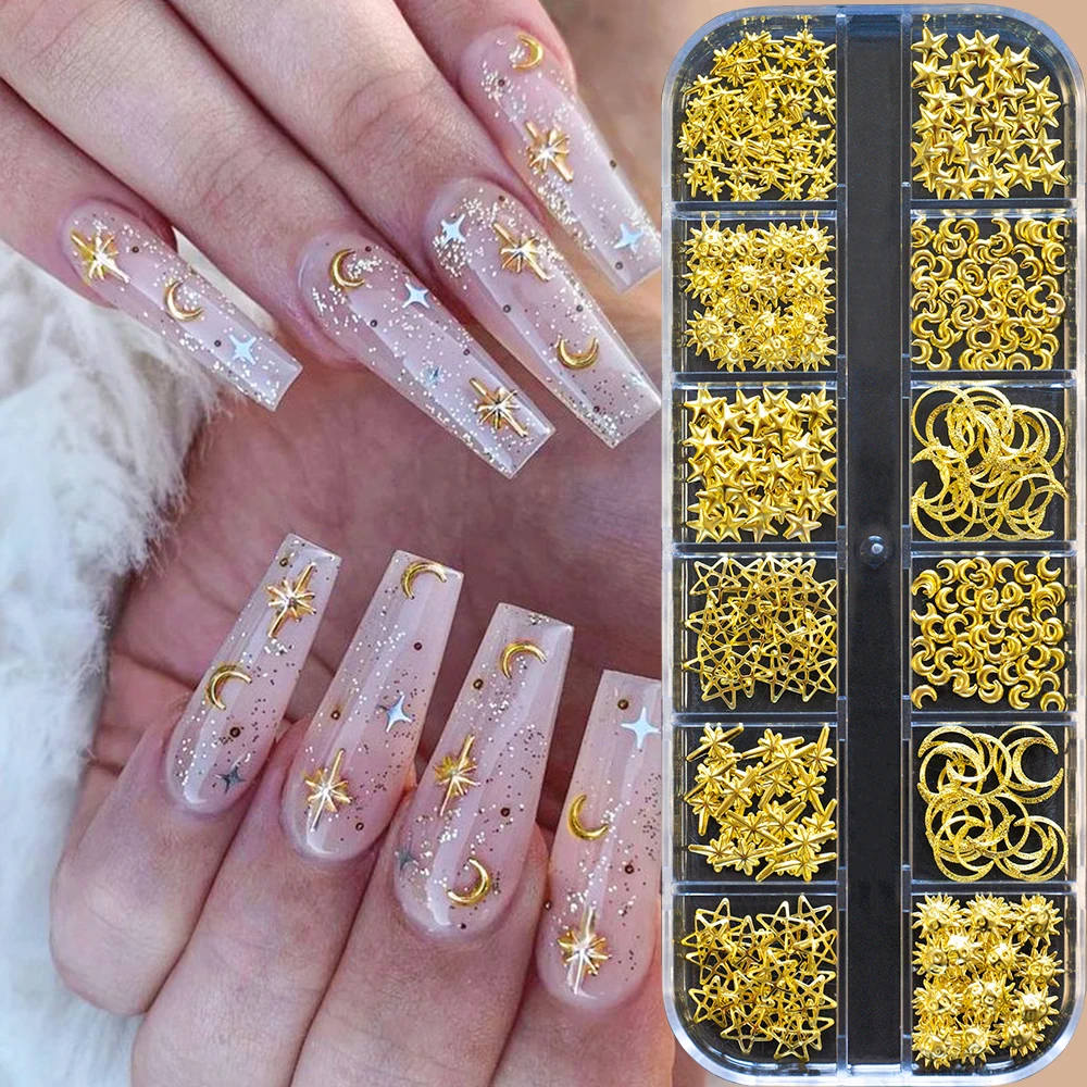 12 Grids/Box Nail Charms Sun Star Moon Series Gold Jewelry Parts Mixed 3D Art Decoration for Manicure Supplies