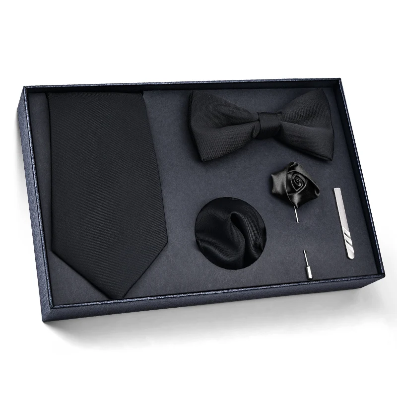 Wholesale Tie and Hanky Sets Blue Necktie Bow Tie Cufflink Brooch Gift Box Set