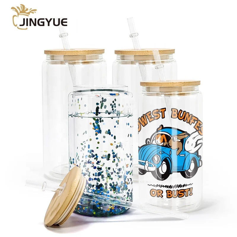 4 Pack 16oz Double Wall Pre Drilled Sublimation Blank Snow Globe Glass Tumbler Clear Beer Can Mason Jar With Lid and Straw