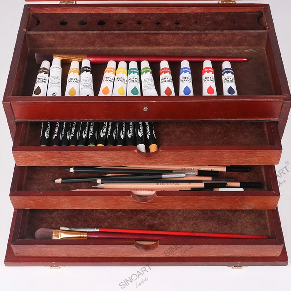 SINOART Deluxe Multi-Drawer art wooden box mahogany finish Wooden Box with brush holder for Store brushes, knives, and paints