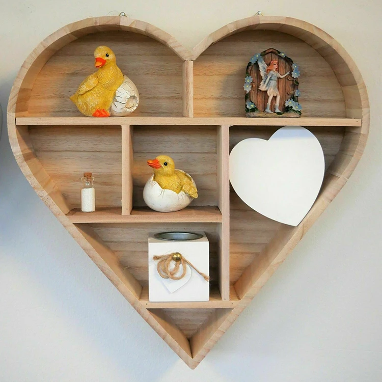 Display heart shape grid storage wall shelves wooden Rustic Brown Display Storage Wall Mounted Bookshelf Wooden Floating Shelves