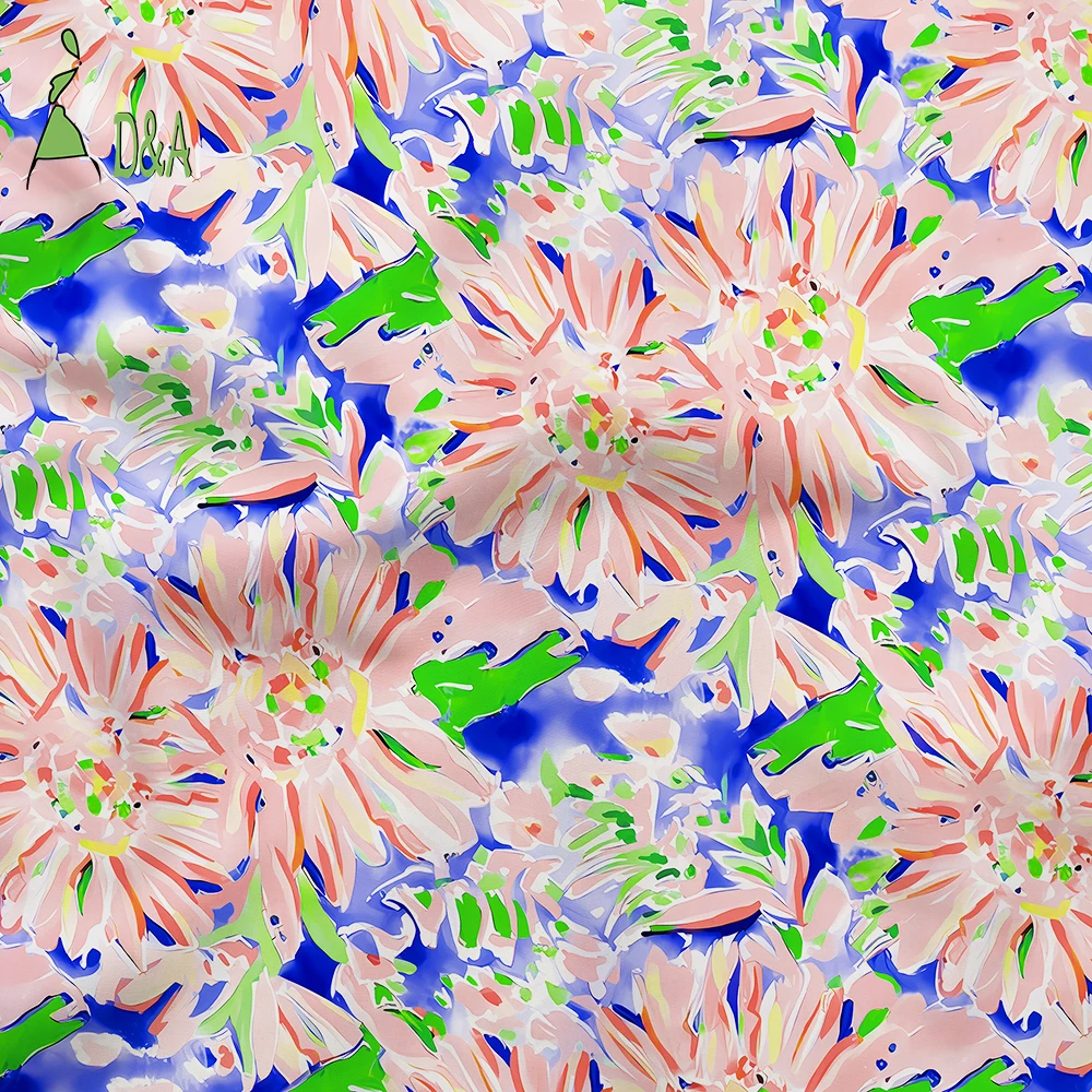 Wholesale Oil Painting Pink Floral Printed Pattern Fabric 100% Polyester Satin Fabric For Garment
