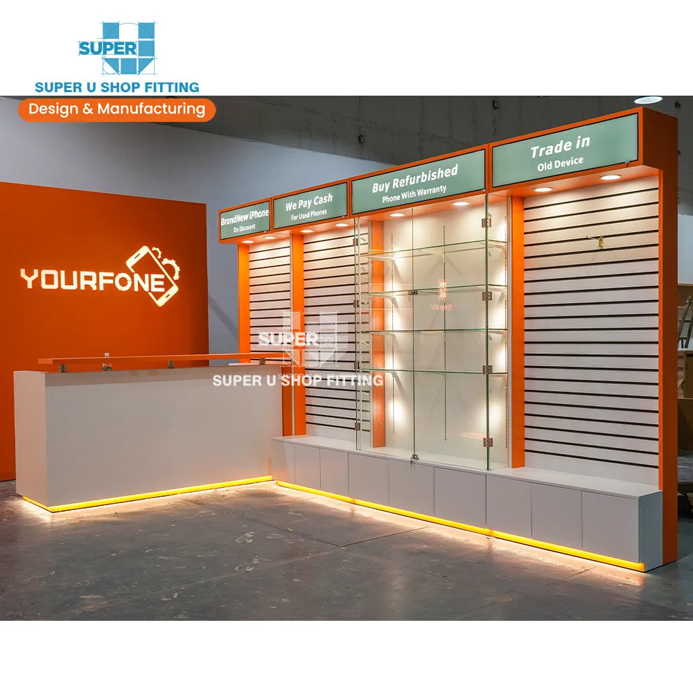 Custom Cell Phone Repair Store Decoration Electronics Phone Accessories Glass Wall Display Cabinet Mobile Phone Shop Display