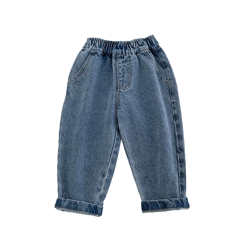 SKYKINGDOM High quality customize elasticated waist loose straight light blue denim jeans for baby kids