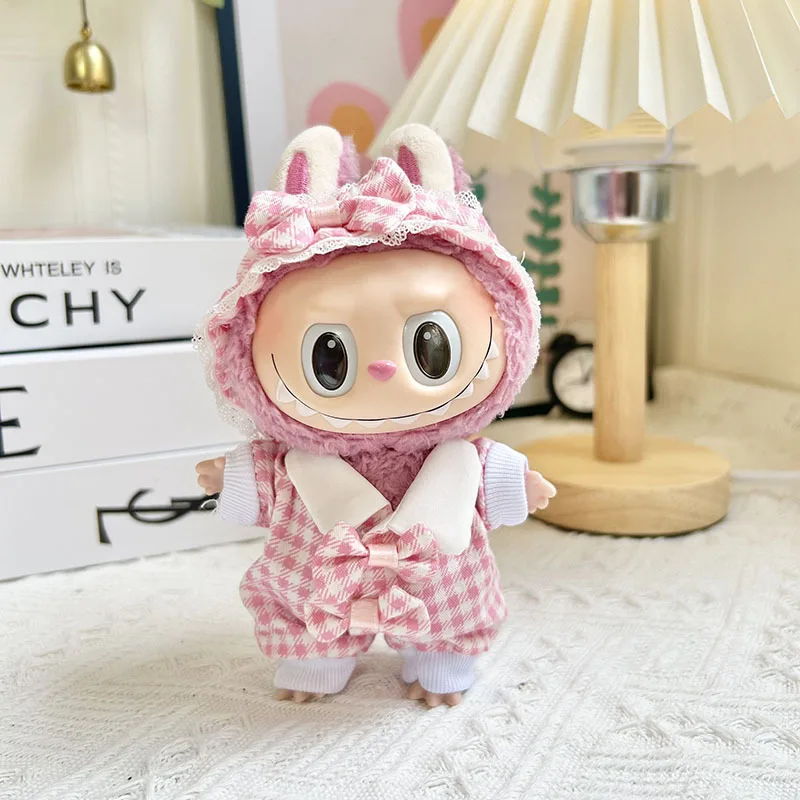 2296 17cm Pendant Blind Box Doll Plaid Baby Pajamas Cute Dress Outfit Clothes Only Labubu With Lapel