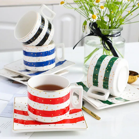 Wholesale Christmas Gift Gold Speckled Porcelain Tea Cup Set Colored Stripe Espresso Coffee Cup and Saucer Set