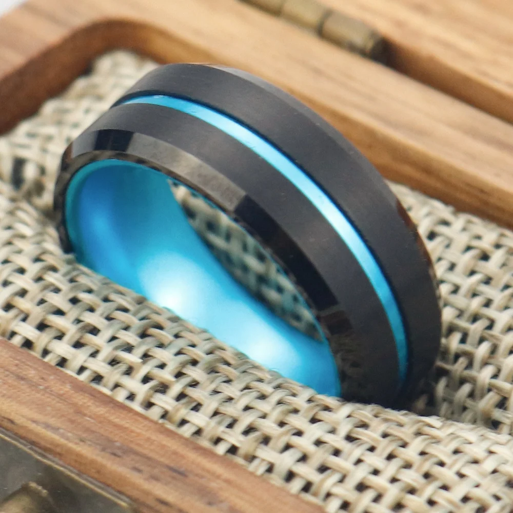 POYA Black Tungsten Blue Anodized Aluminum Sleeve Inlay Ring 8mm Two Tones Men Wedding Band