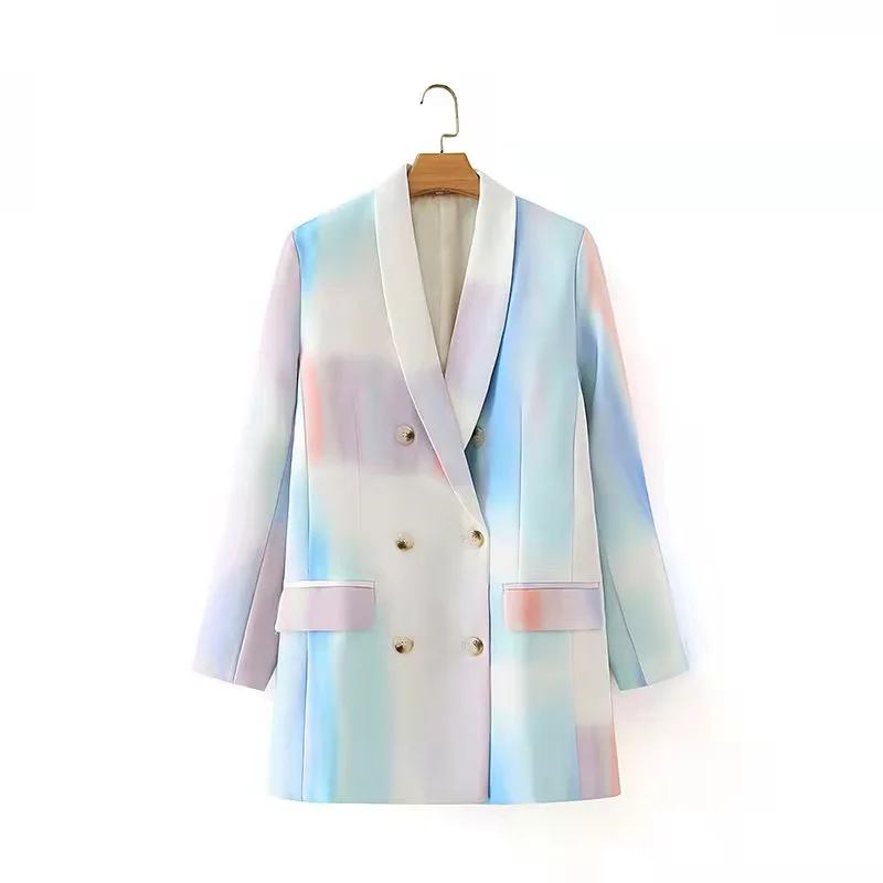 2021 Latest Rainbow Chalk Graffiti Blue Fruit Collar Blazer Double Breasted Tie Dye Western Top Trend Women Clothing