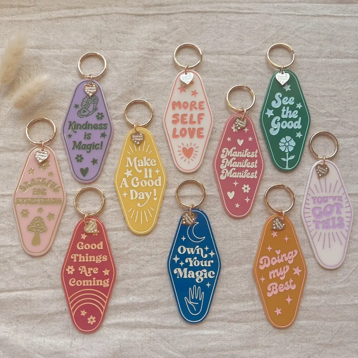 Positive Affirmation Optimism Keychains Gift Kindness is Magic Good Things Own Your Magic Self Love Custom Hotel Motel Keychain