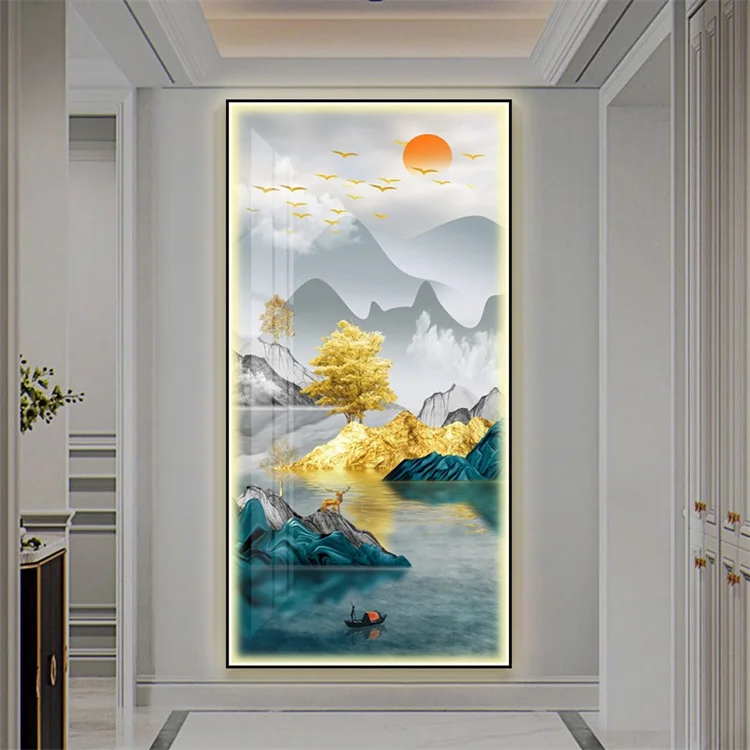 60x120 cm Big Size Wall Painting Hallway Wall Art Metal Framed Canvas Painting with LED Strip Light