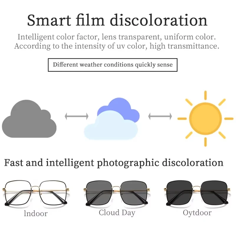 Outdoor Photochromic Anti Radiation Shades Glasses Woman Square Metal Frame blue light blocking glasses photography glasses