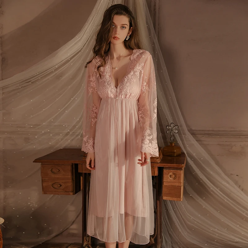 Meriga Fashion Ladies Home Clothing Suit XXL Size a Version Long Nightgown With Lace Stitching Deep V Temptation Mesh Robe 4386