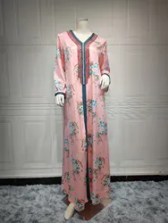 Hot selling 2023 chiffon Eid beaded belt fashion middle east chiffon abaya long muslim chiffon dress
