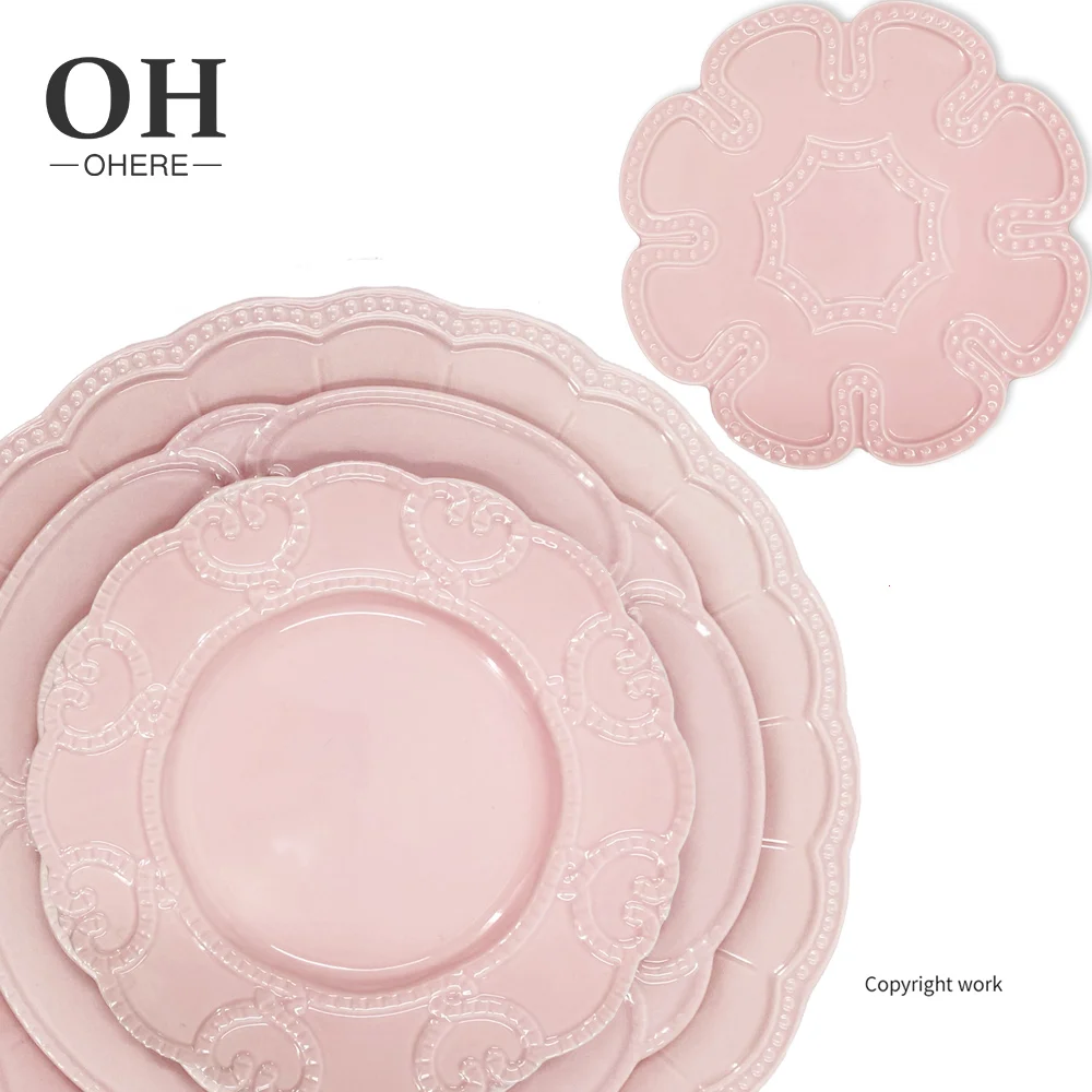 Ohere wholesale restaurant charger embossed porcelain dinner plate vintage ceramic dinnerware sets bulk pink wedding flatware