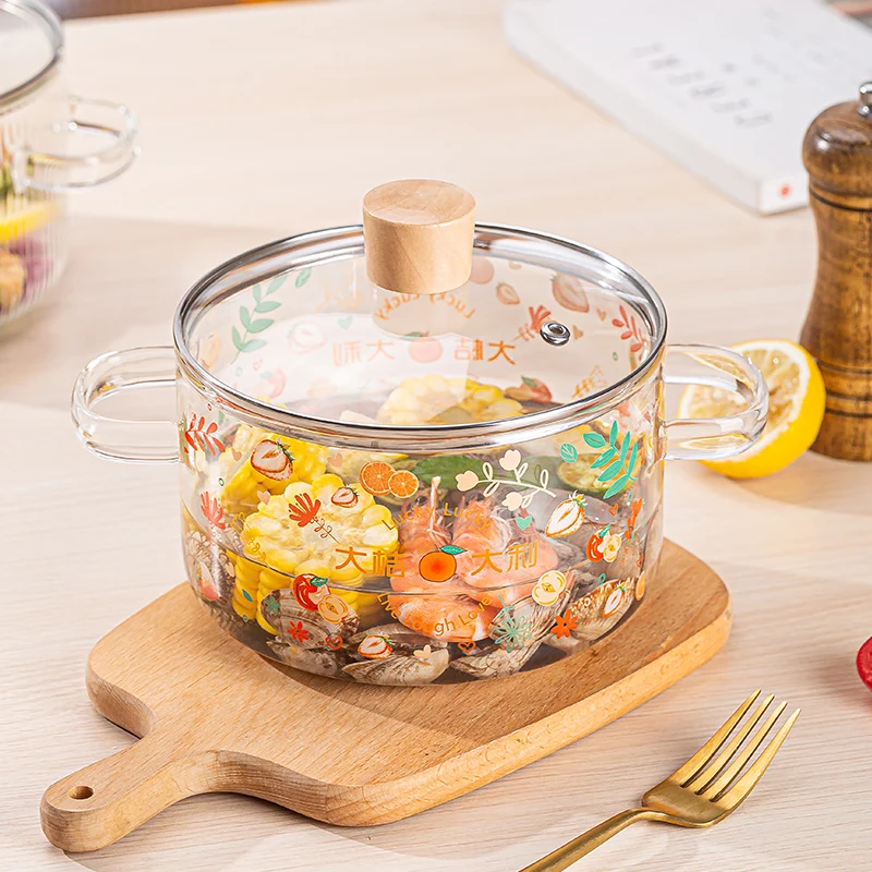 Kitchen cookware cartoon clear glass cooking pot saucepan stew pot with lid and handle