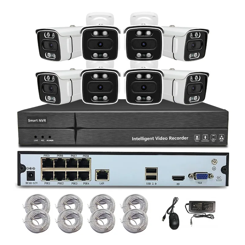 5MP 8pcs Night Color Vision Bullet 16CH 4K NVR 8CH Security Camera System NVR POE