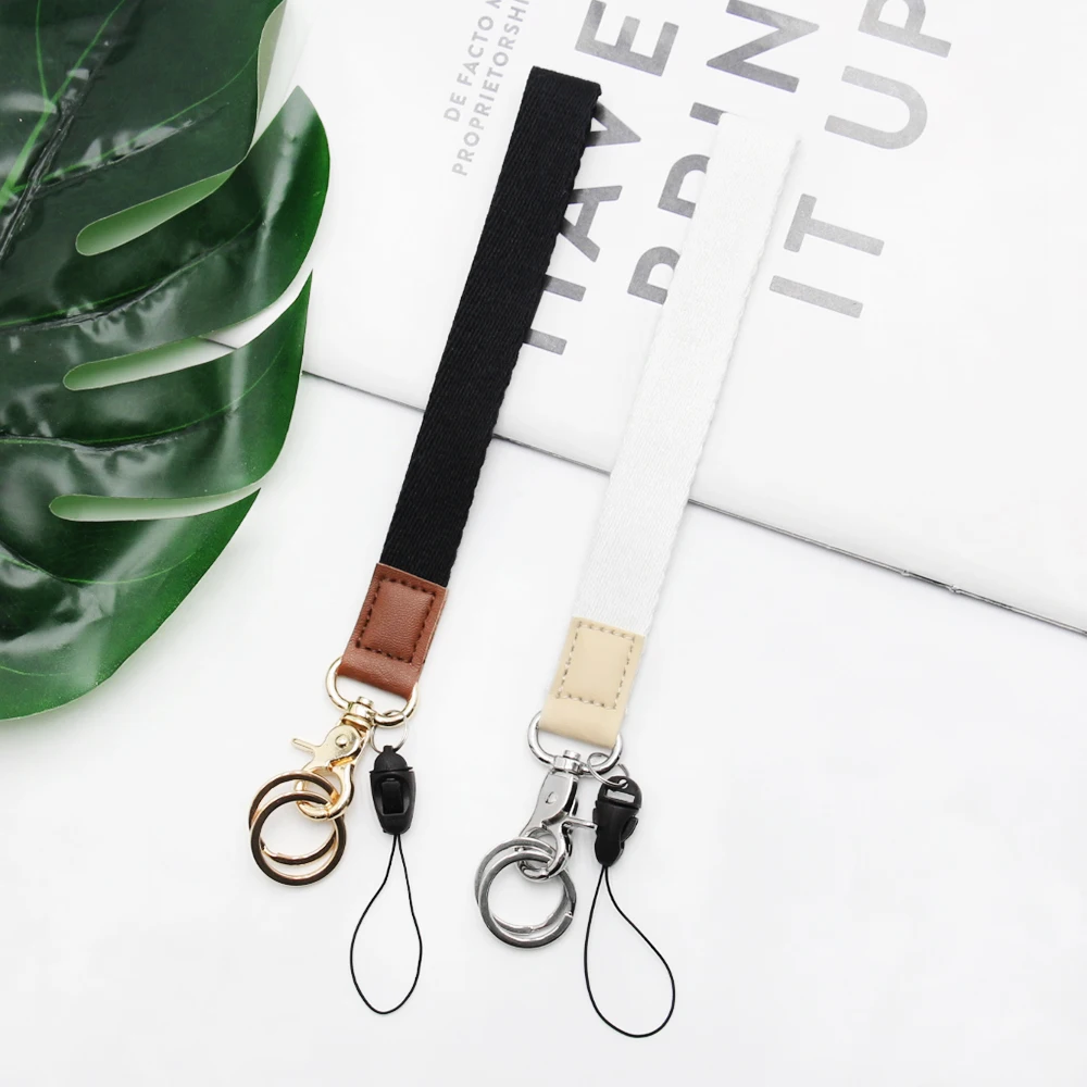 Custom Printed Luxury Hand Strap Wrist Embossed Leather Id Phone Lanyard Wristlet Key Chain Keychain