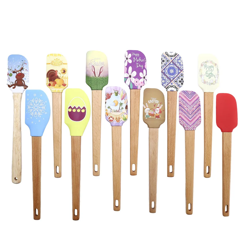 Kitchen Food Grade Cutlery Colorful Cake Baking Wooden Silicone Spatula Scarper