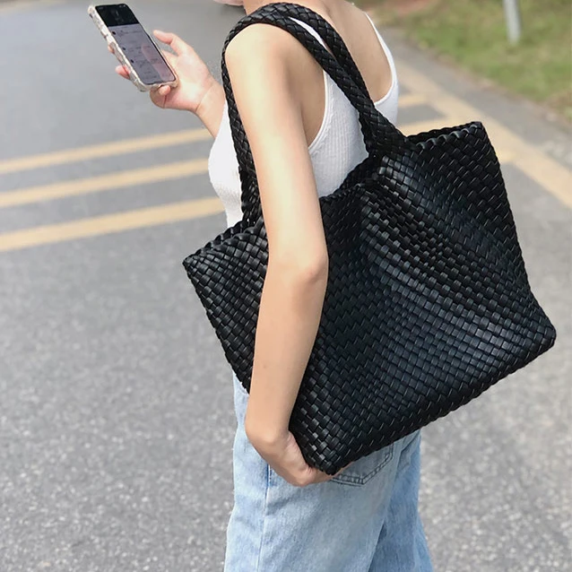 Travel Fashion Beach Soft Genuine Shoulder Women Woven Leather Large Tote Bag
