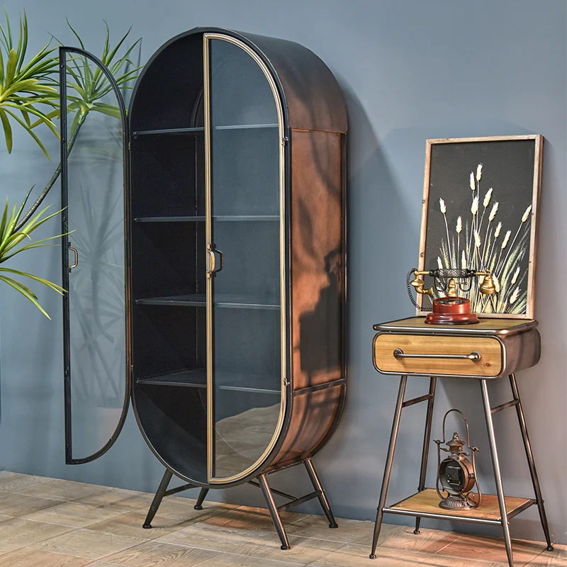 INNOVA Farmhouse Vintage Industrial Storage Furniture Accent Arched Glass Door Black Metal Display Side Cabinet For Living Room