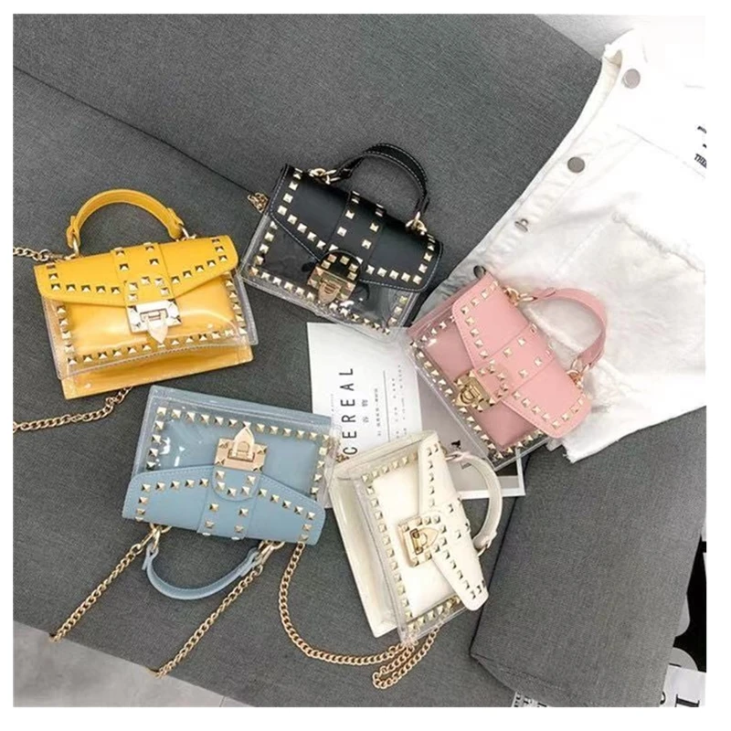 2021 New Designer fashion Women 2-IN-1 Transparent PVC Clear Purse Shoulder Chain Crossbody jelly Rivets Handbag Bag