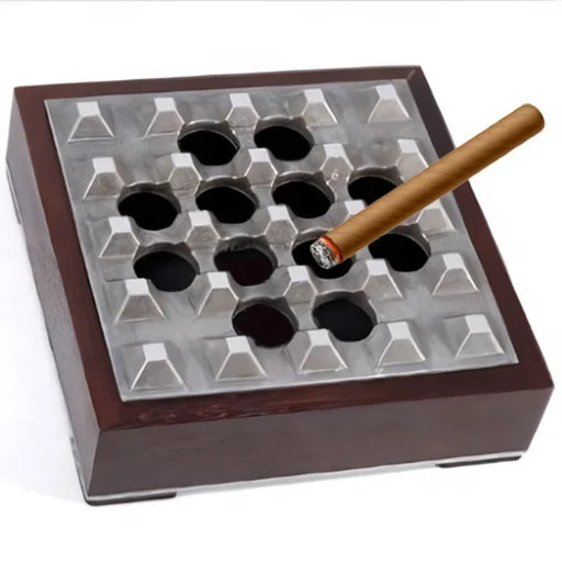 Wood & Zinc Alloy Grid Cigar Ashtray (B80029)