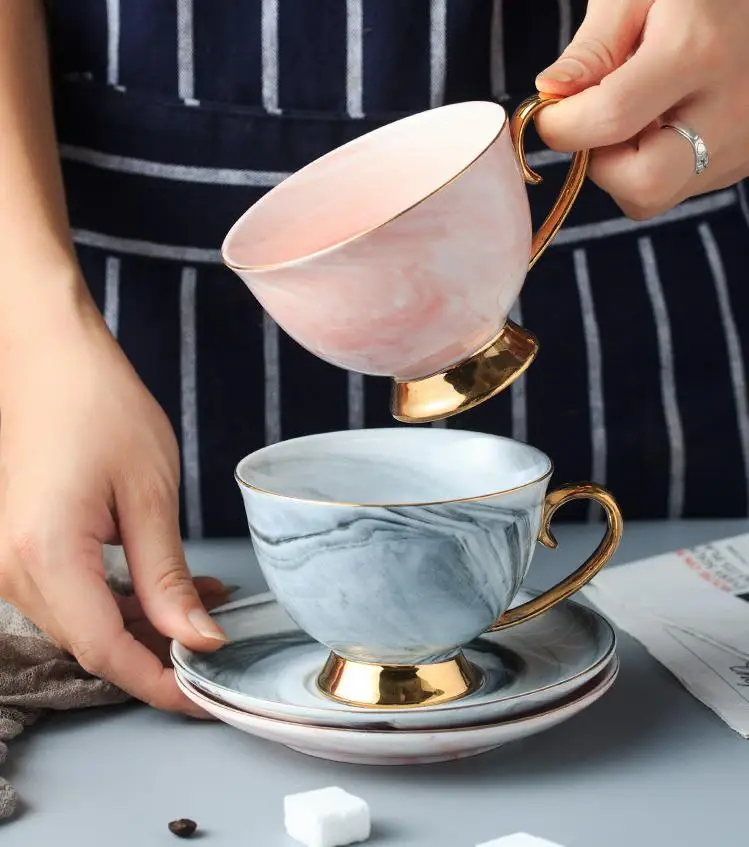 Hot selling modern home pink marble pattern cup saucer tea cup ceramic coffee cup