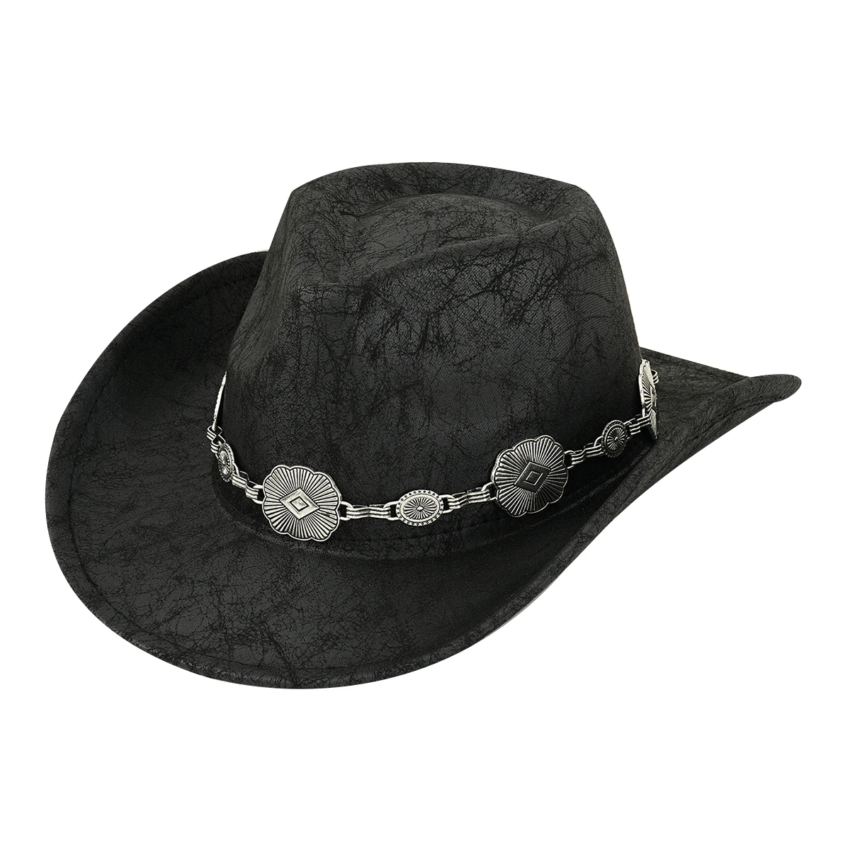 Unisex Solid Color PU Leather Cowgirl Hat Matching shaped metal accessory hatband Western Cowboy Hat