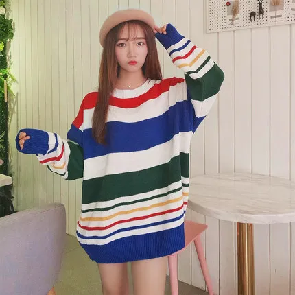 Rainbow Stripe Long sleeve European and American style sweater with Striped pattern and soft sweaters women