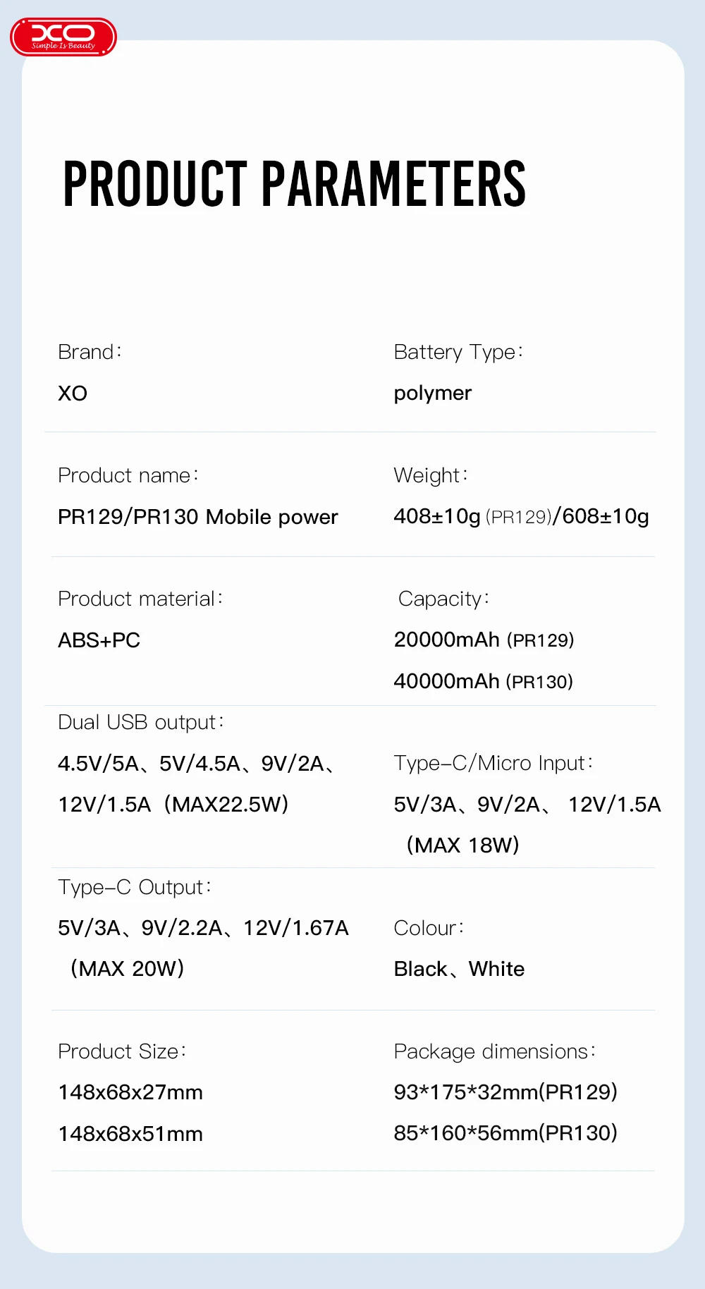 PR130 Quick charge Power Bank PD 20W+USB QC22.5W 40000mAh with light