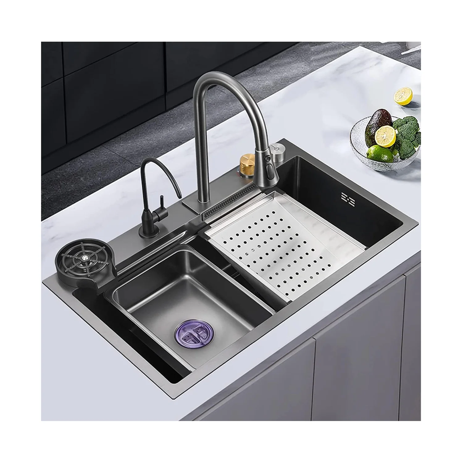 Delux Black Stainless Steel Sink Kitchen Single Slot Multifunction LED Digital Display Waterfall Smart Kitchen Sink Cup Washer