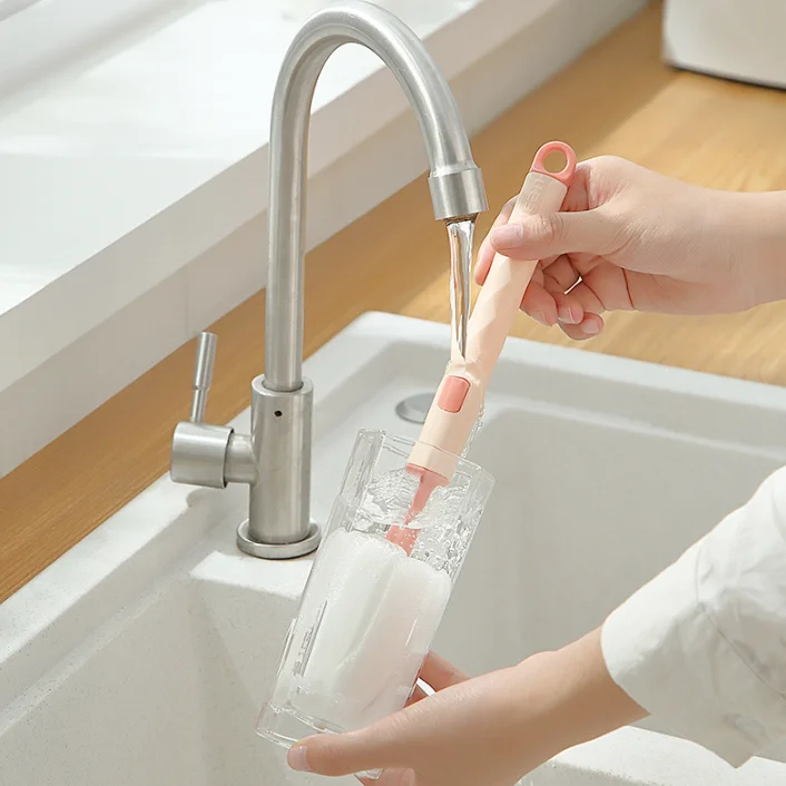 Long Handle Sponge Scrubber Quick Clean Water Bottle Cleaning Baby Bottle Brush with Replacement Brush Head