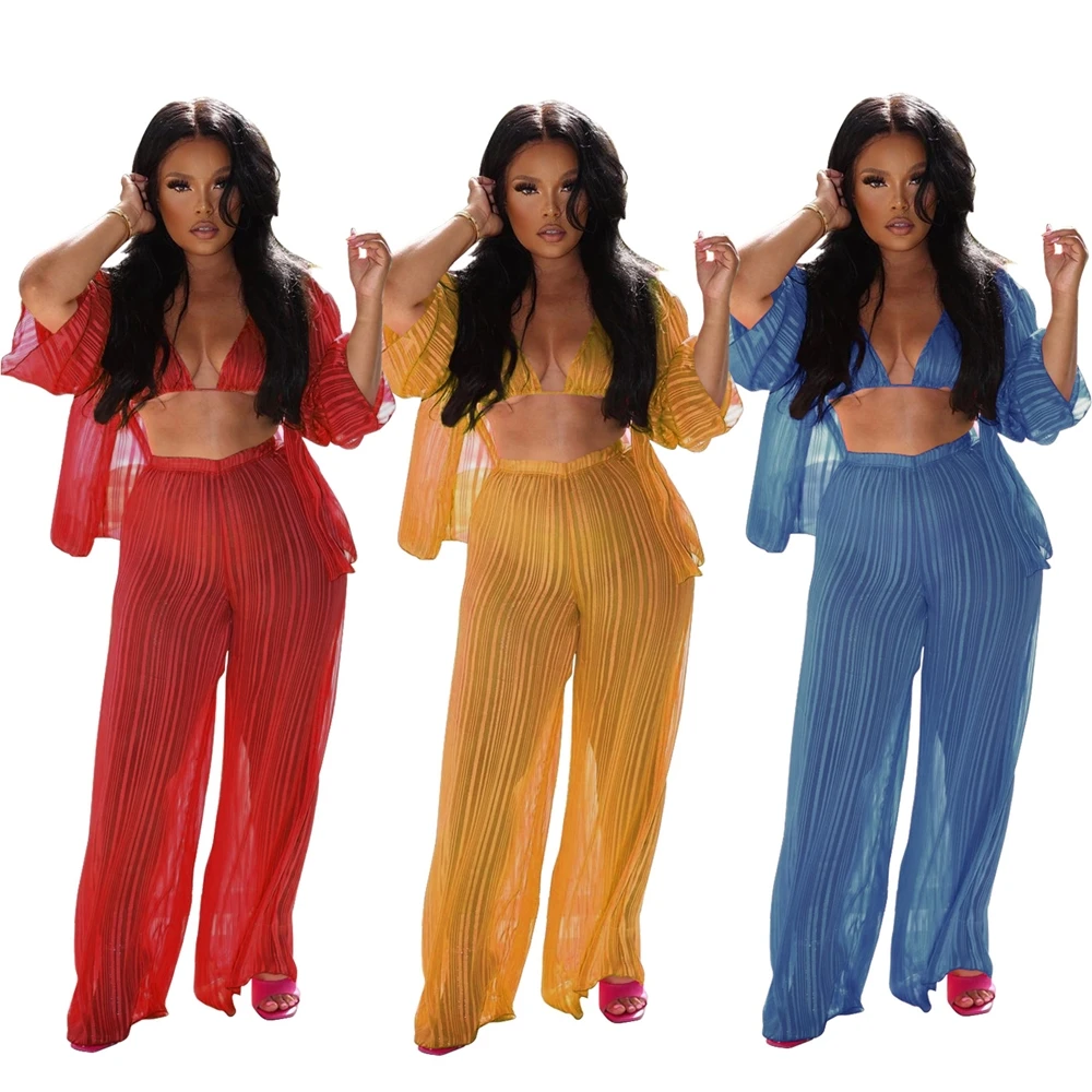 MD-2022070511   2022 women 3 piece cardigan bikini sexy see through leisure wear three piece suit for women