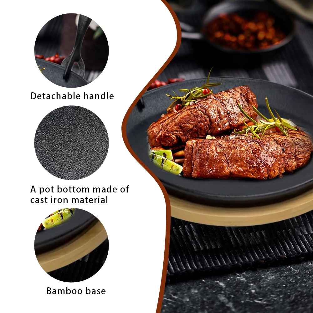 Youlike New Arrival Pre-seasoned Oval Cast Iron Sizzler Pan with Wooden Tray for Kitchenware