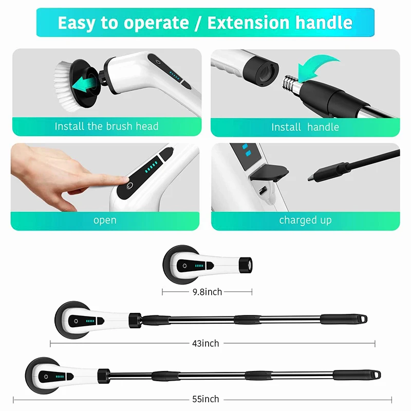 Electric Spin Scrubber Bathroom Tile Floor Bathtub Cleaning Brush With 7 Replacement Brush Heads and Extension Handle