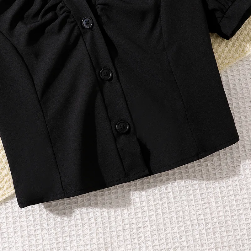 Fashionable Summer Youth ClothingBlack Short Sleeved ShirtPleated Bow Skirt Suitable For Girls Aged 8 To 12