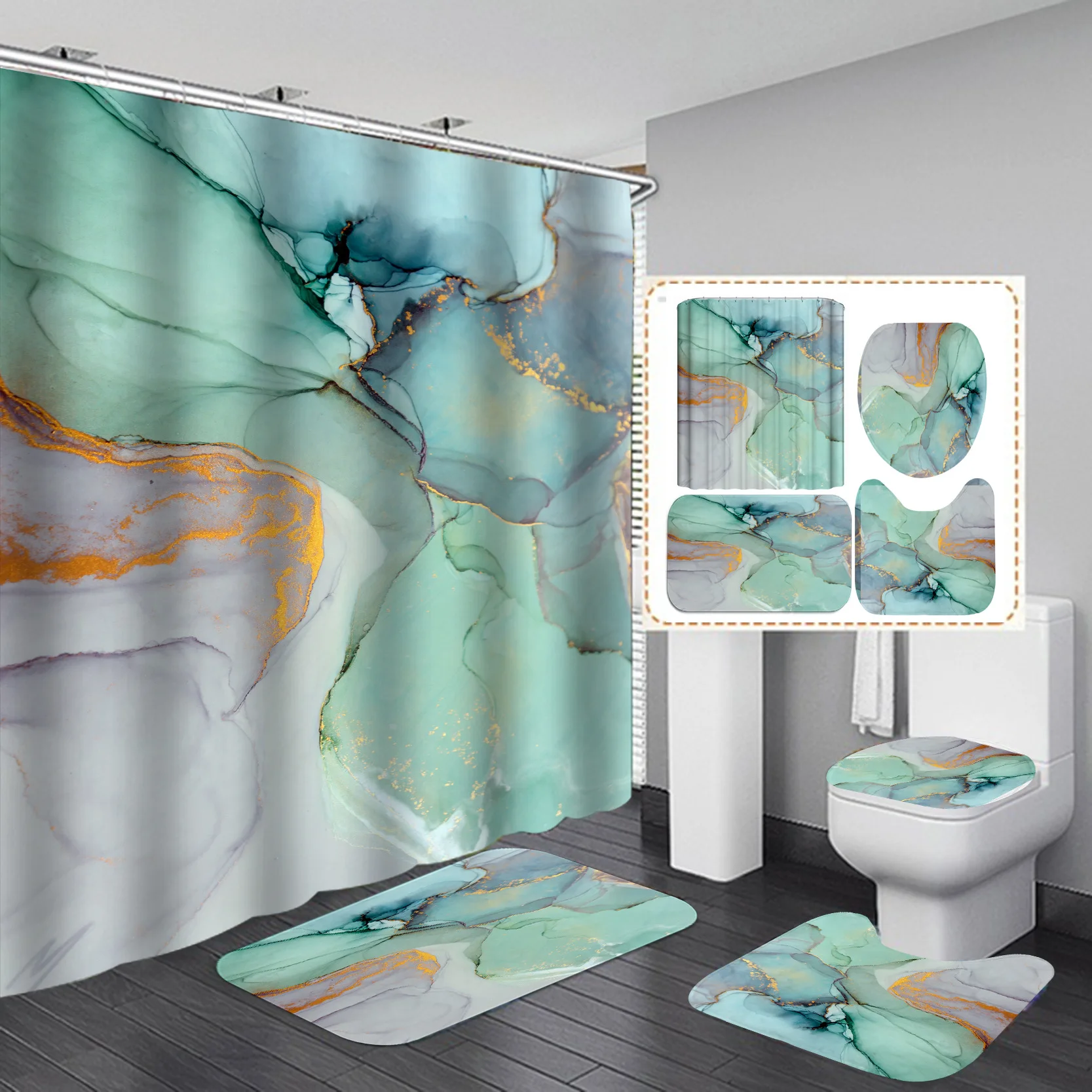 Designer Art Marble Print Shower Curtain Bath Mats Set Waterproof Toilet Cover Toilet Rug Polyester Fabric Shower Curtains