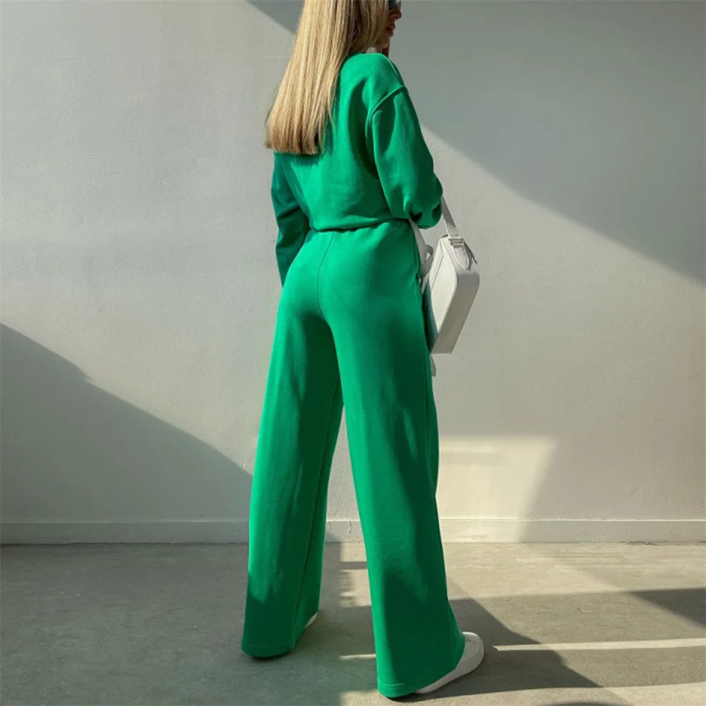 Однотонный комплект из свитшота с длинным рукавом и круглым вырезом, осенние спортивные штаны и толстовка, комплект большого размера