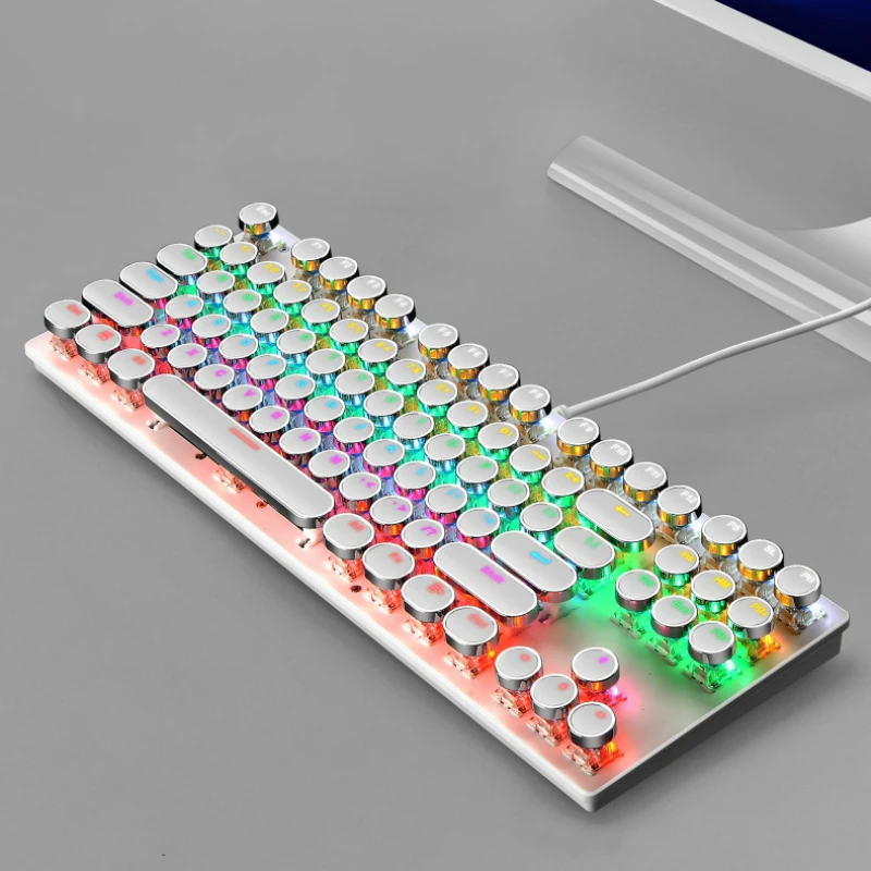 
Mechanical Gaming Keyboard, Punk Typewriter-Style USB Wired LED Backlit Gamer Keyboard,87-Key Lipstick Color Design Keyboard 
