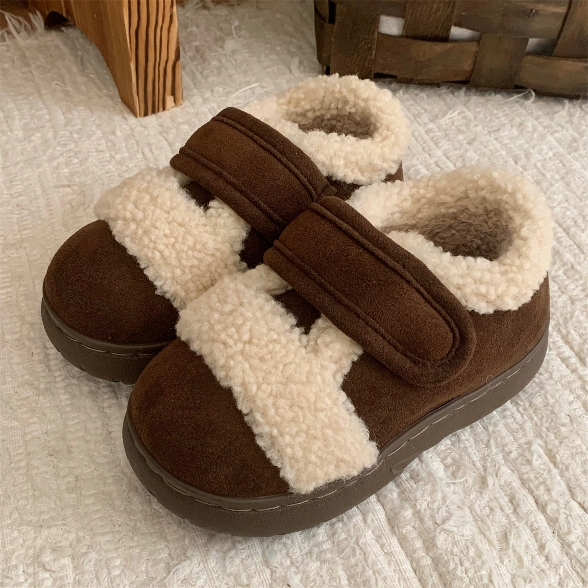 XIXITIAO new Birkenstocks Vintage Velcro women indoor plush indoor sock slippers warm winter home slippers