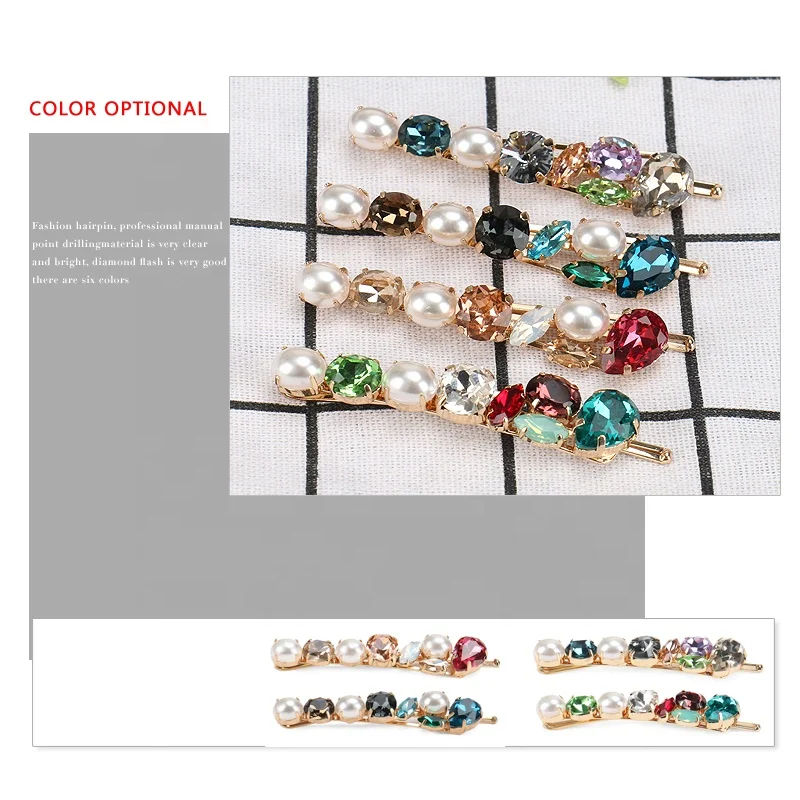 Women Gold Alloy Hair Clip Fashion Crystal and Pearl Hair Pins Colorful Crystal Pearl Hair Pin for Girls