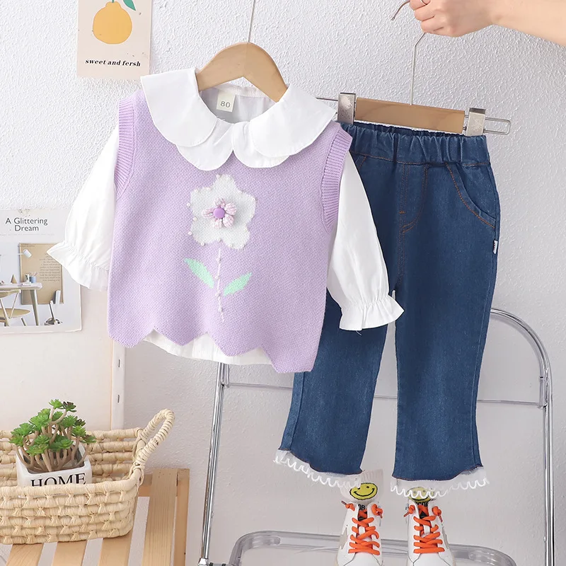 2014 Spring/Autumn New Fashion Pearl Flower Sweater Tank Top Three Piece Set for Girls