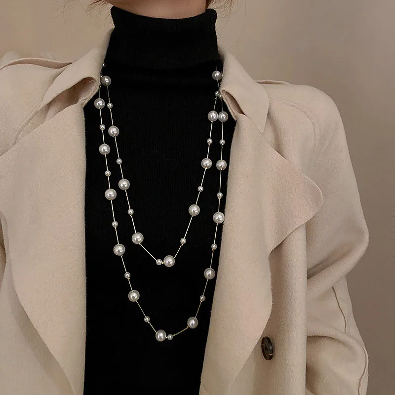Women Super-long Multilayer Pearl Necklace Fashion Sweater Chain Necklace Female Personality Jewelry
