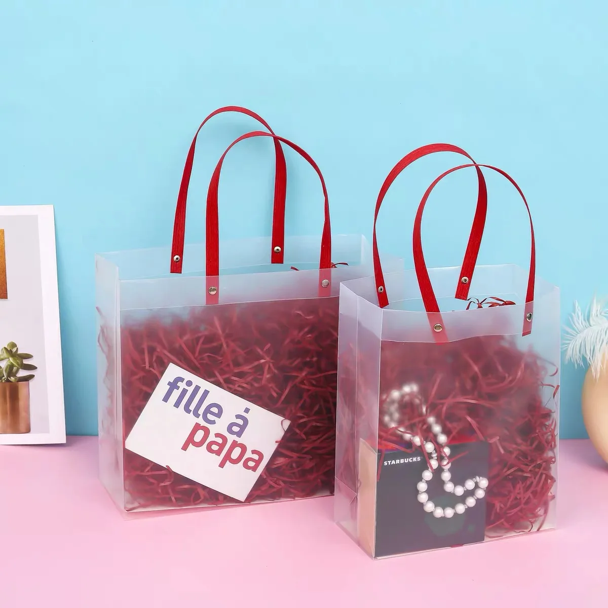 Custom Logo Design Printed Carrier Handle Shopping Plastic Wedding Gift Packing Bag with Ribbon