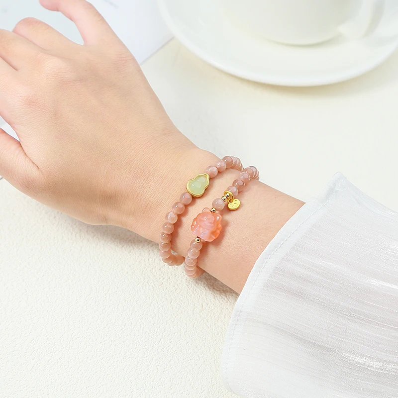 JD GEMS Unisex 5A Orange Moonstone Agate Nine-Tailed Fox Beaded Bracelet Hot Selling 2-Layer Ball Pattern Gift