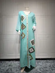 Fashion Cotton Linen Embroidered Sequins Jalabiya For Women Robes Ramadan Abaya Muslim Women Dress
