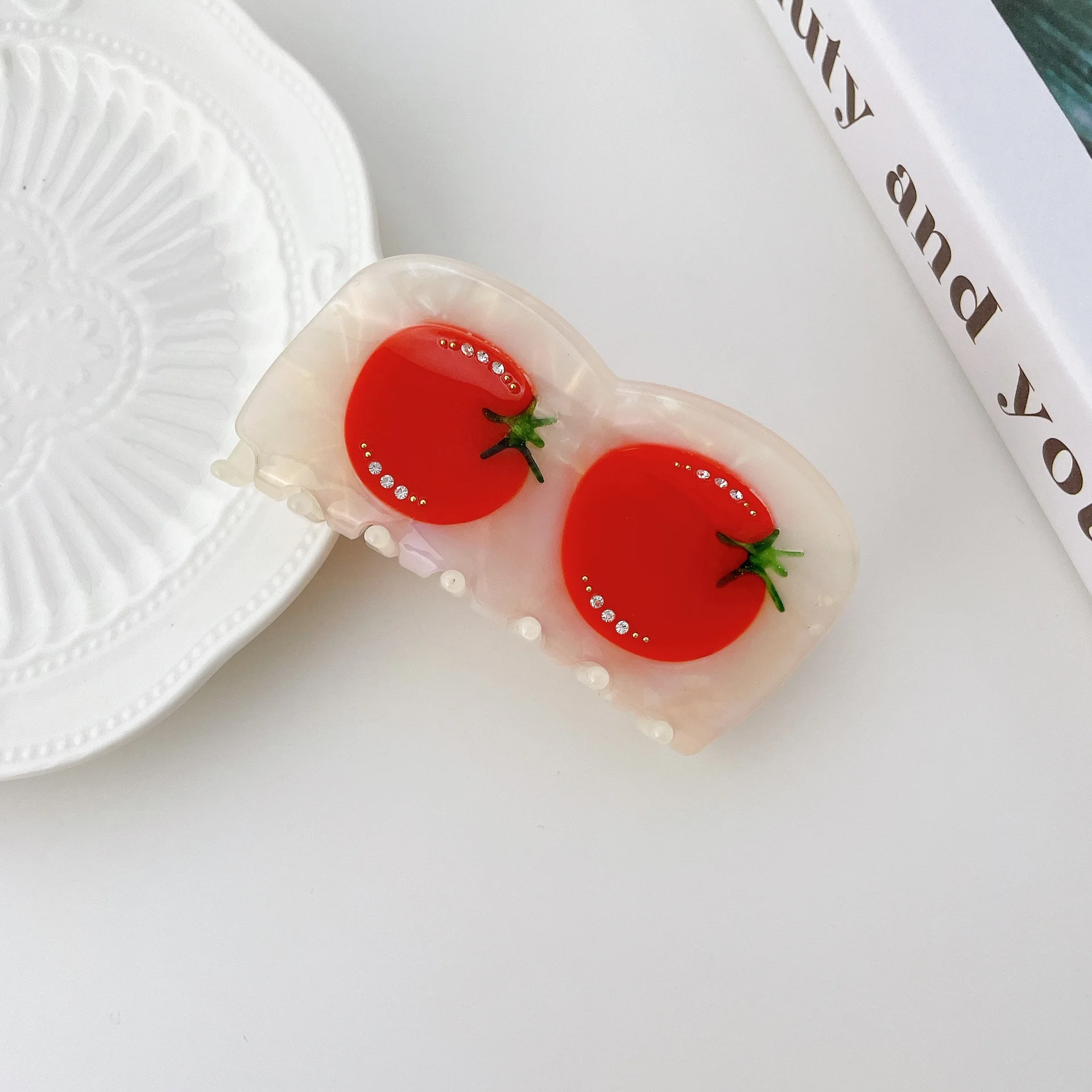 Custom cellulose acetate fruit Strawberry hair claw clips crystal stone girl tomato barrette hair claws clip