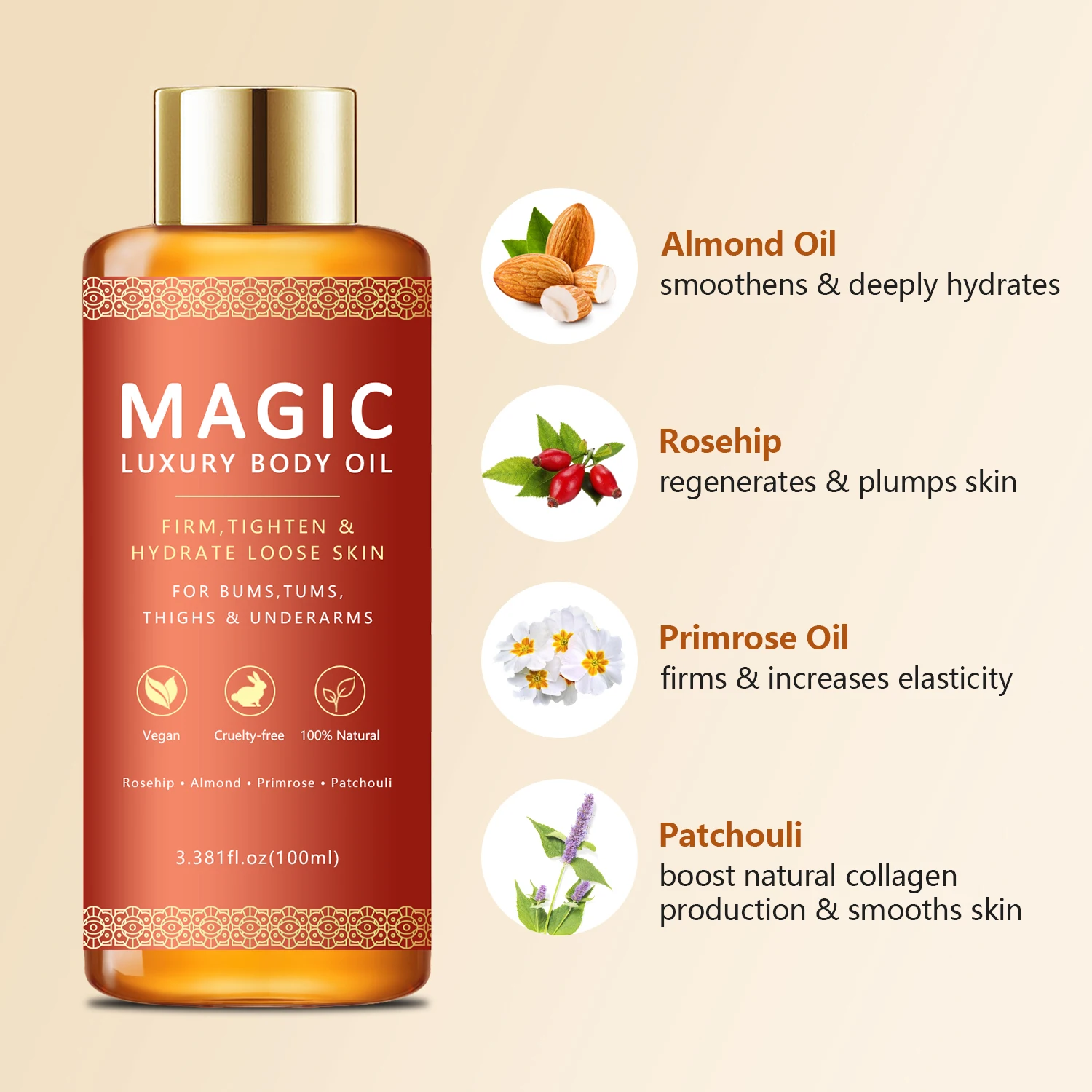 100% Natural Almond Skin Care Plump Visibly Effect Scar Removal Anti Wrinkle Firming Moisturizing Vegan Magic Luxury Body Oil