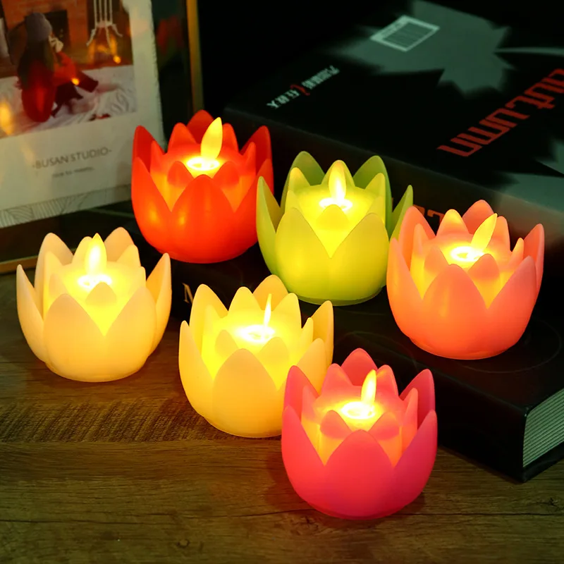 Z42 Lotus Lamps Electronic Buddhist Lights Battery Operated Buddha Flickering Warm White Lights Led Lotus Table Candles